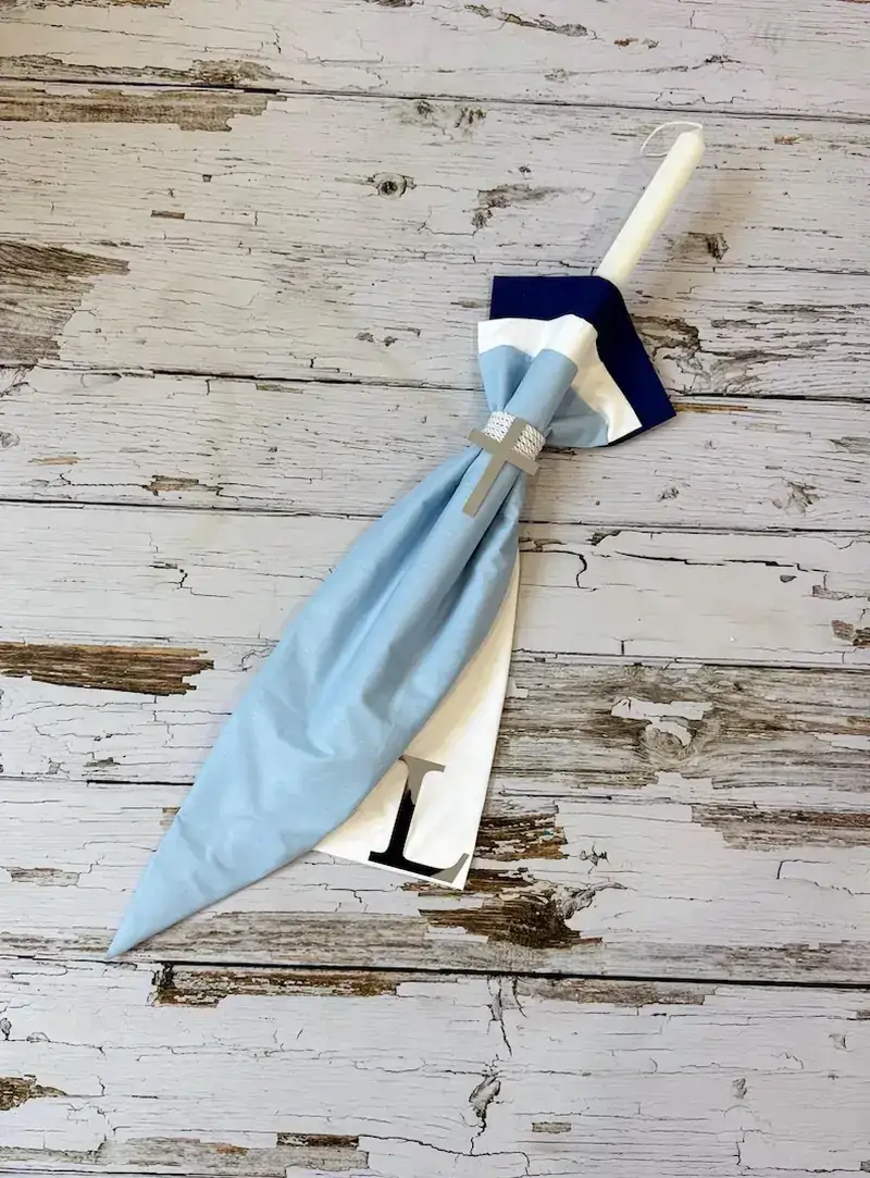 Orthodox Christening Candle Blue and Silver
